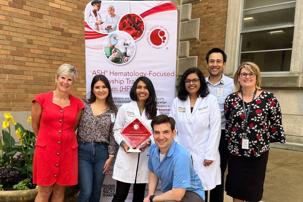 From left to right Dr. Elaine Majerus ( Co-Division Chief Hematology), Nicole Gaudin (Research Coordinator), Dr. Sana Saif Ur Rehman (Associate Program Director, CO-PI) Dr. David Russler-Germain (Fellow), Dr. Saiama Waqar (Program Director, CO-PI) Dr. Andrew Young (Fellow), Heather Cobillas (Fellowship Coordinator).